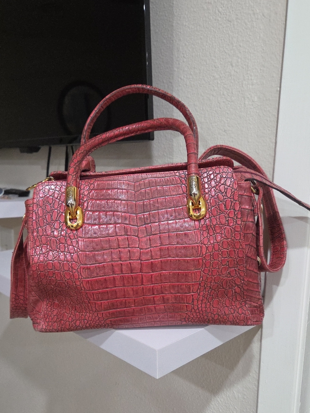 Marino Orlandi Red Croc-Embossed Satchel Handbag - Gold Hardware